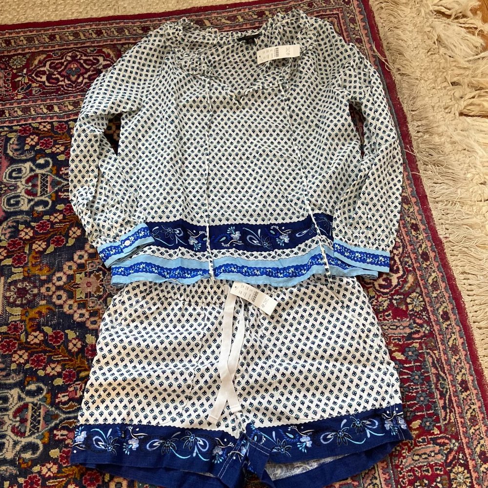 J Crew blue ribbon block print set (shorts/blouse)